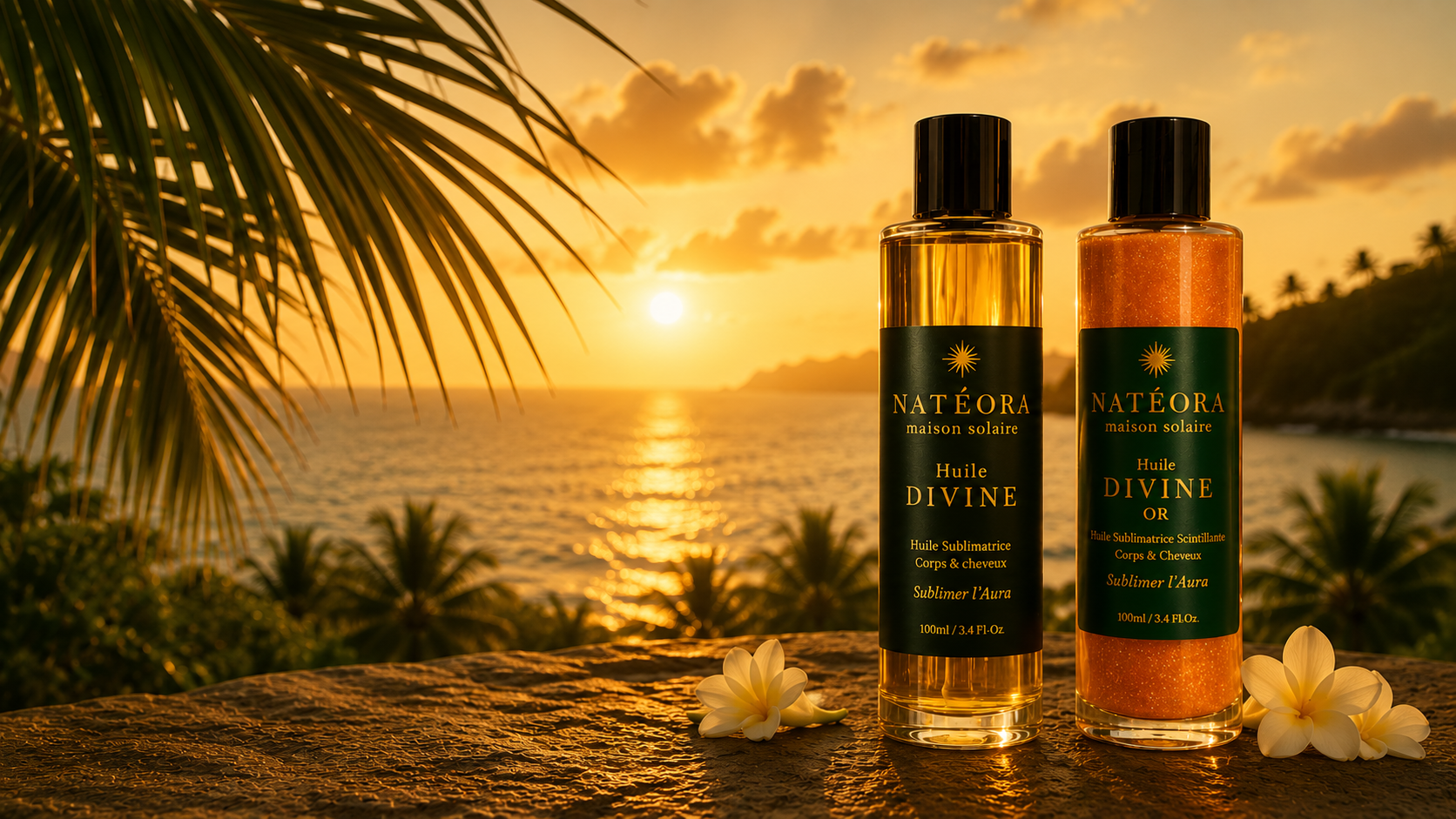 Huile Divine et Huile Divine OR de Natéora au coucher de soleil sous les palmiers de Martinique